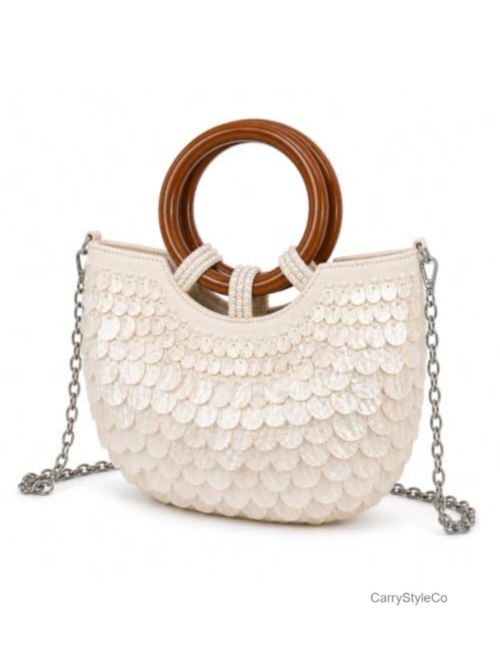 Beaded Top Handle Bag Shell Purse Acrylic Sequins Compact Lightweight Evening